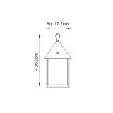 Line drawing of the Brenmont Medium Table Lamp, a bird-house lantern shape with peaked roof and top hook, showing 30cm height and 17.7cm square base.