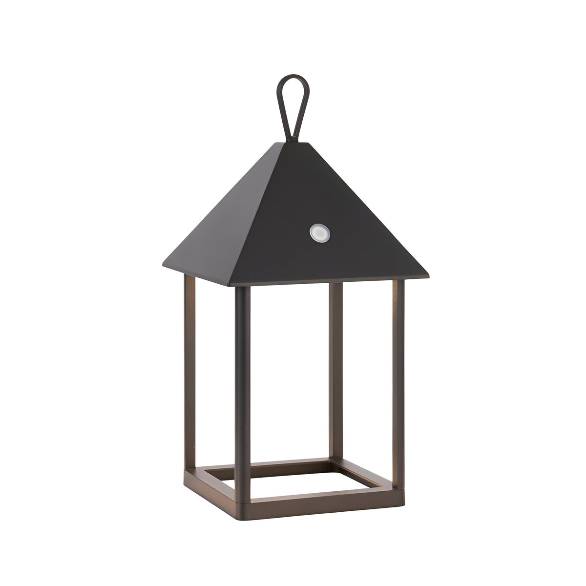 Brenmont Medium Table Lamp in matt black, a lantern-style aluminium fixture with pyramid roof, top loop hook and open square frame.