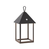 Brenmont Medium Table Lamp in matt black, a lantern-style aluminium fixture with pyramid roof, top loop hook and open square frame.