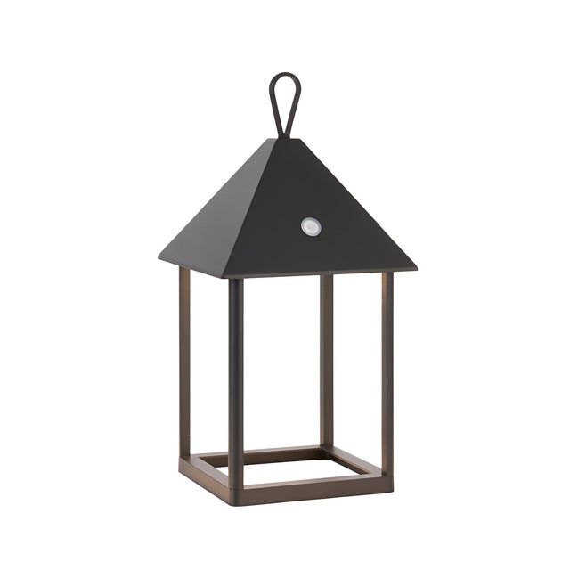 Brenmont Medium Table Lamp in matt black, a lantern-style aluminium fixture with pyramid roof, top loop hook and open square frame.