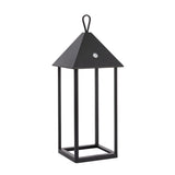 Endon Brenmont large table lamp in matt black, a modern birdhouse-style aluminium lantern with pyramid top, hanging loop and open frame base.