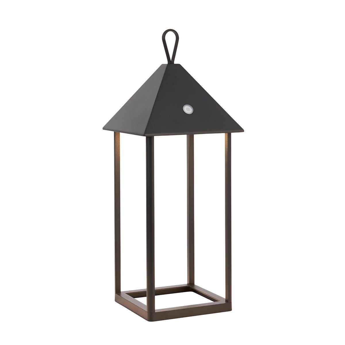 Endon Brenmont large table lamp in matt black, a modern bird-house lantern with pyramid roof, loop handle and open aluminium frame on a plain background.