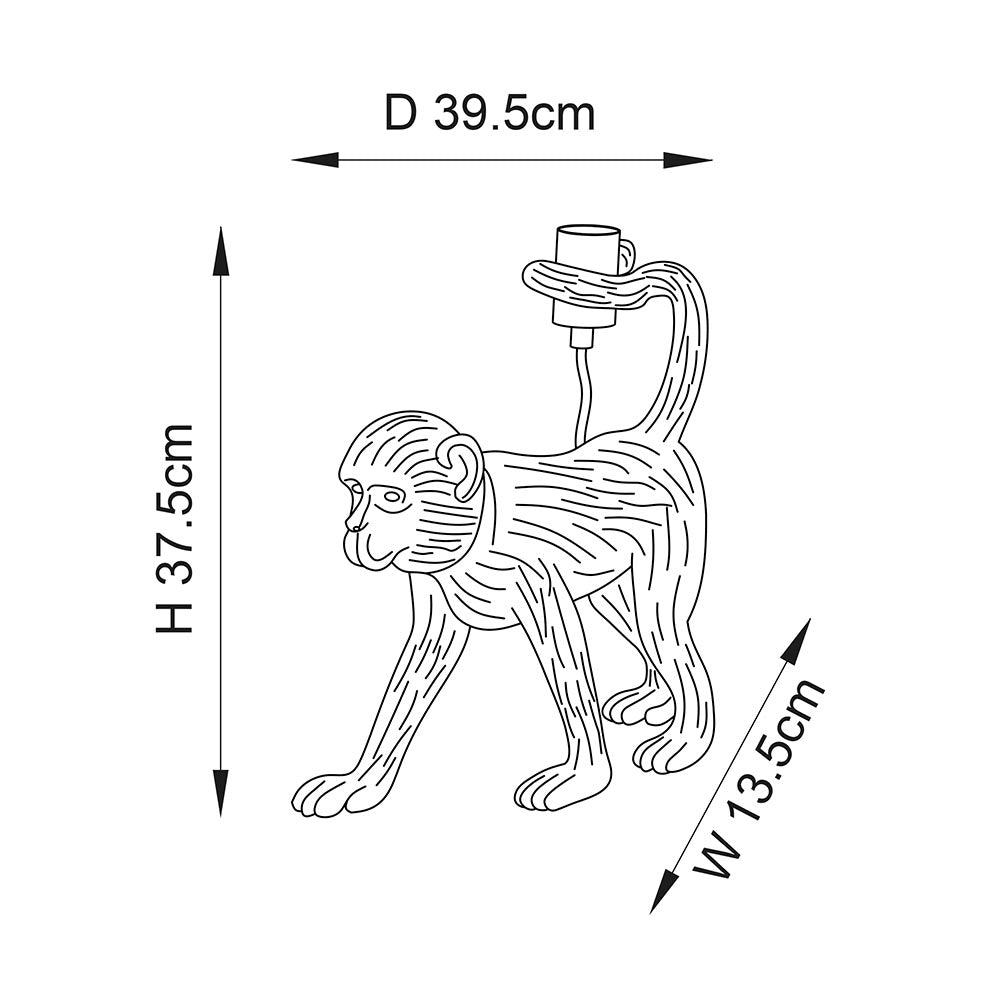Belvoir Table Lamp in black resin, shaped as a walking monkey with an exposed bulb holder on its tail, shown with dimension labels H37.5cm, D39.5cm, W13.5cm.