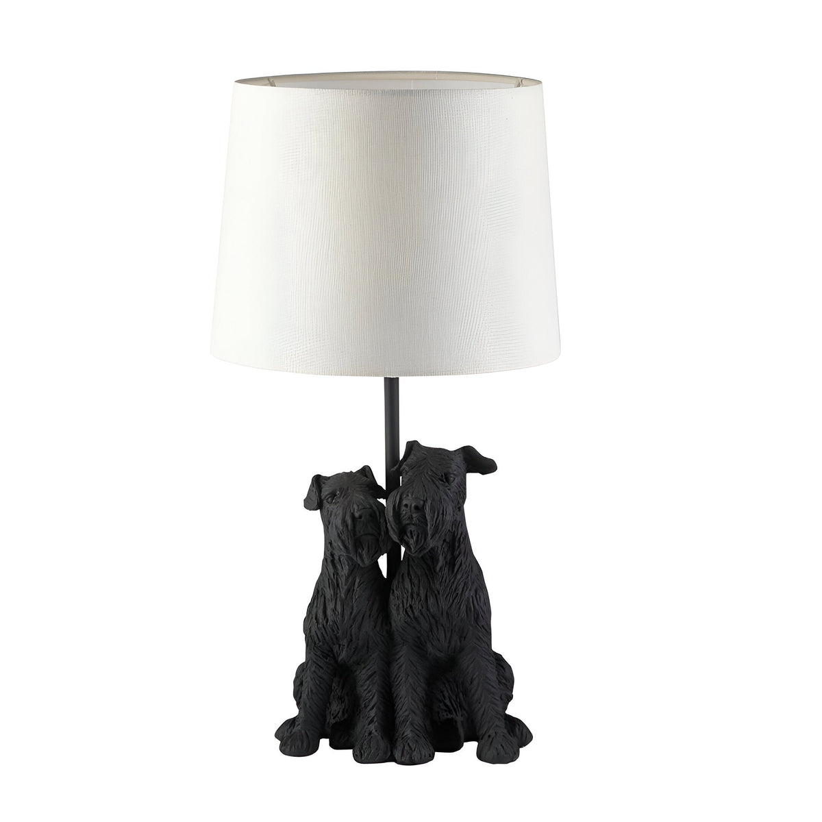 Danegrove Table Lamp in matt black resin, featuring two seated dogs at the base and a cream fabric drum shade, on a plain white background.