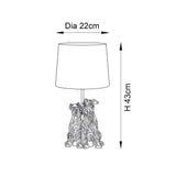 Danegrove Table Lamp in black resin with two dogs at the base and a fabric drum shade, line diagram showing 22cm diameter and 43cm height.
