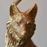 Close-up of the Endon Brambury table lamp's resin fox base, showing hand-painted vintage gold finish with detailed fur texture on the head and ears.
