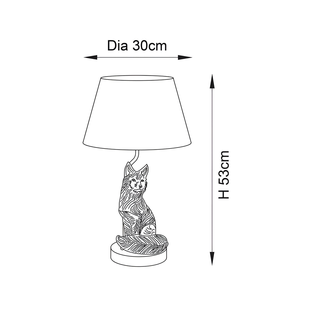 Dimensioned line drawing of the Endon Brambury table lamp showing a seated fox base with tapered shade, 53cm high and 30cm diameter.