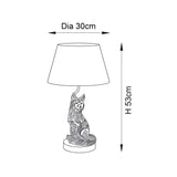 Dimensioned line drawing of the Endon Brambury table lamp showing a seated fox base with tapered shade, 53cm high and 30cm diameter.