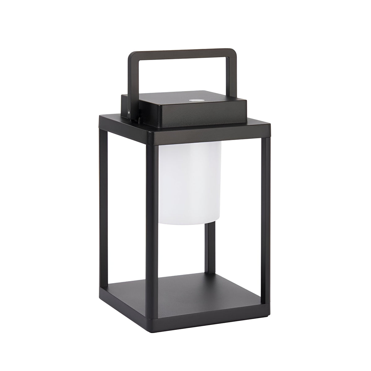 Endon Danedon portable USB rechargeable table lamp in matt black aluminium with white polycarbonate diffuser and carry handle, on a plain background.