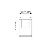 Dimension diagram of the Endon Danedon table lamp in black, showing a 24cm height and 15cm square base on a plain white background.