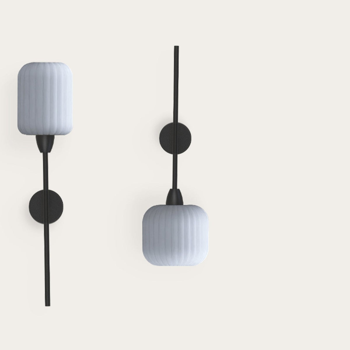 Whiteberry Lantern wall lights with ribbed opal glass cylinder shades on slim matte black iron stems, shown in two mounting orientations against a plain light background.