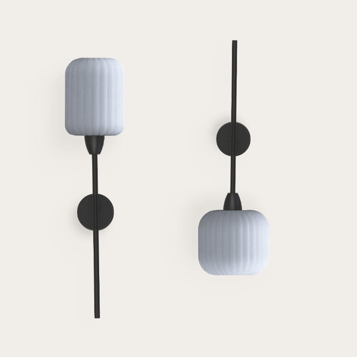Whiteberry Lantern wall lights with ribbed opal glass cylinder shades on slim black iron stems and round wall mounts, shown in two orientations on a plain white background.