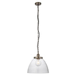 Wentworth Pendant in silver with a clear glass dome shade, exposed bulb, and knurled lampholder on a black chain, shown against a plain white background.