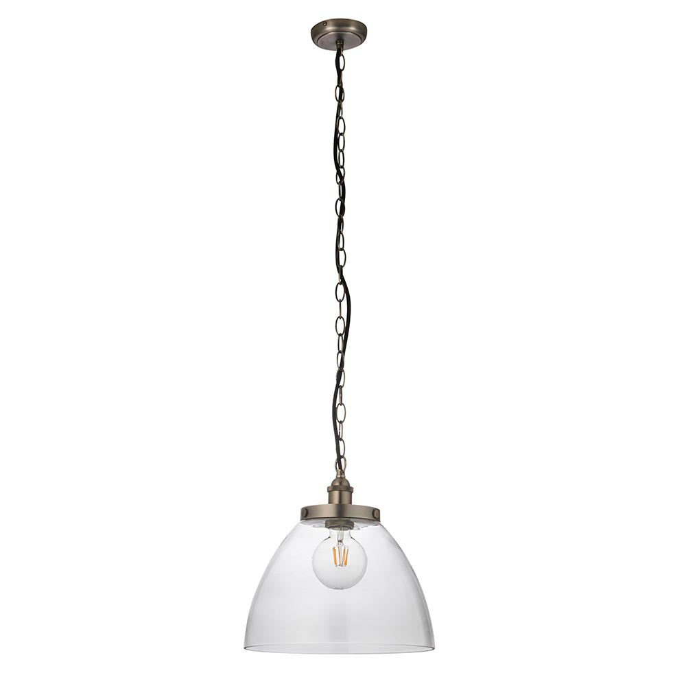 Wentworth Pendant in silver with a domed clear glass shade, knurled lampholder, and black chain suspension against a plain white background.