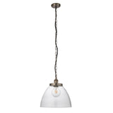 Wentworth Pendant in silver with a domed clear glass shade, knurled lampholder, and black chain suspension against a plain white background.