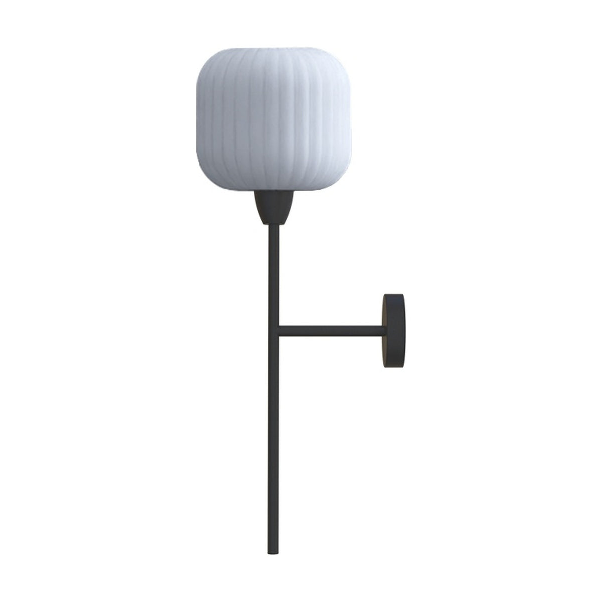 Whiteberry Orb Ribbed Opal Glass Globe Wall Light with a matt black iron arm and round wall mount, shown on a plain white background.