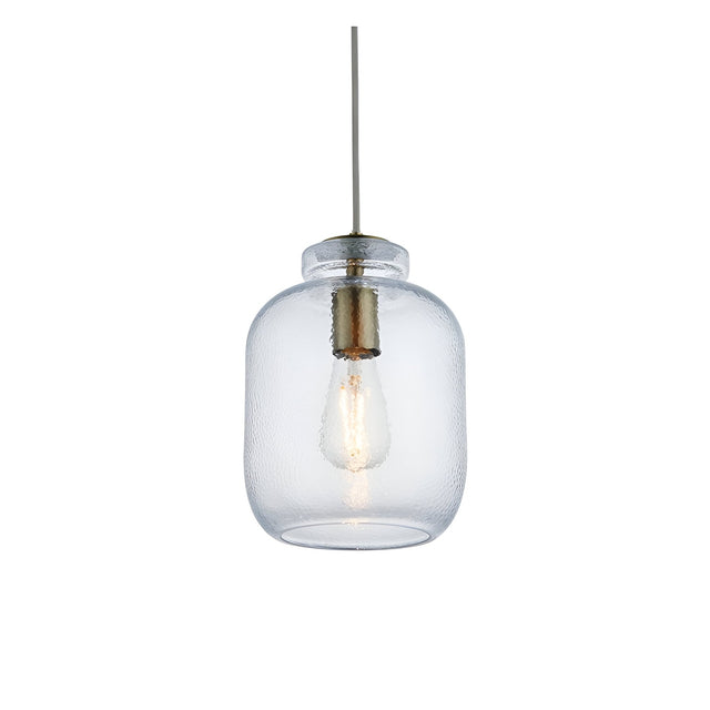 Caldwood single-light pendant with textured clear glass shade and antique brass fitting, E27 lamp holder, shown on a plain white background.