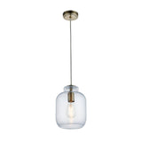 Caldwood Pendant light with a jar-shaped textured clear glass shade, antique brass fittings and ceiling rose, E27 bulb visible, on a plain white background.