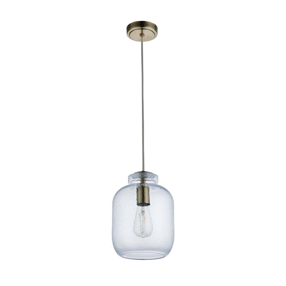 Caldwood single-light pendant with textured clear glass shade, antique brass fitting and E27 bulb, hung on a cord against a plain white background.
