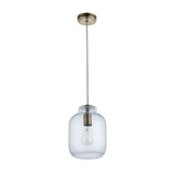Caldwood single-light pendant with textured clear glass shade, antique brass fitting and E27 bulb, hung on a cord against a plain white background.