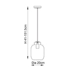Technical line drawing of the Caldwood pendant light showing adjustable drop height 41-151.5cm, ceiling rose, cord, and rounded glass shade with 20cm diameter.