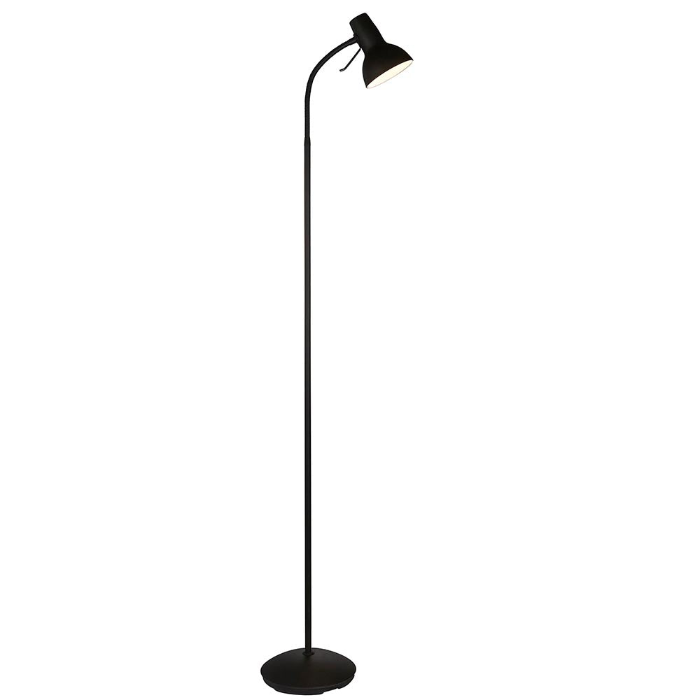 Endon Alderton floor lamp in matt black with an adjustable head, curved handle, slim stem and round base, shown against a plain white background.