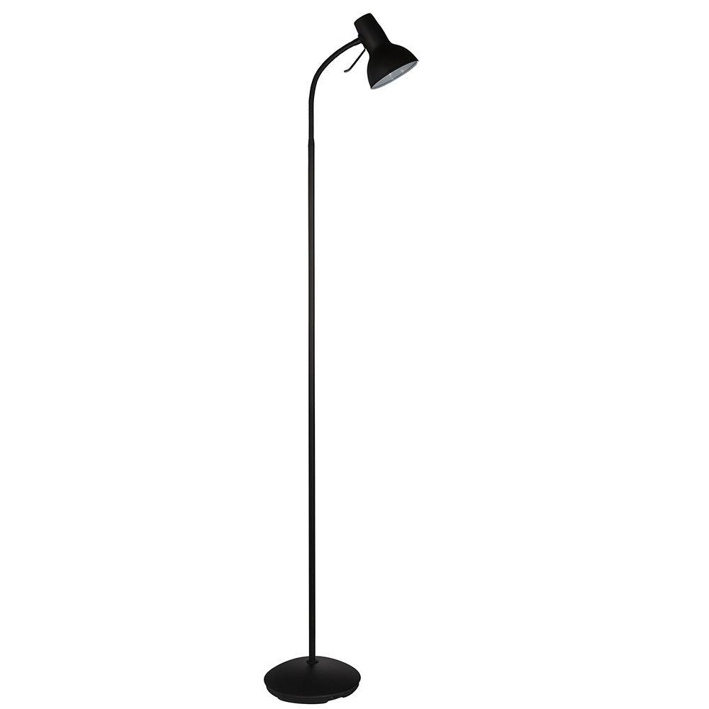 Endon Alderton floor lamp in matt black with an adjustable curved stem, GU10 head with rocker switch, and round base, on a plain white background.