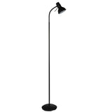Endon Alderton floor lamp in matt black with an adjustable curved stem, GU10 head with rocker switch, and round base, on a plain white background.