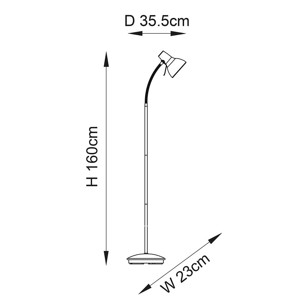 Dimension diagram of Endon Alderton floor lamp in black showing 160cm height, 23cm width and 35.5cm depth with adjustable head on slim base.
