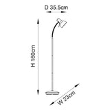 Dimension diagram of Endon Alderton floor lamp in black showing 160cm height, 23cm width and 35.5cm depth with adjustable head on slim base.