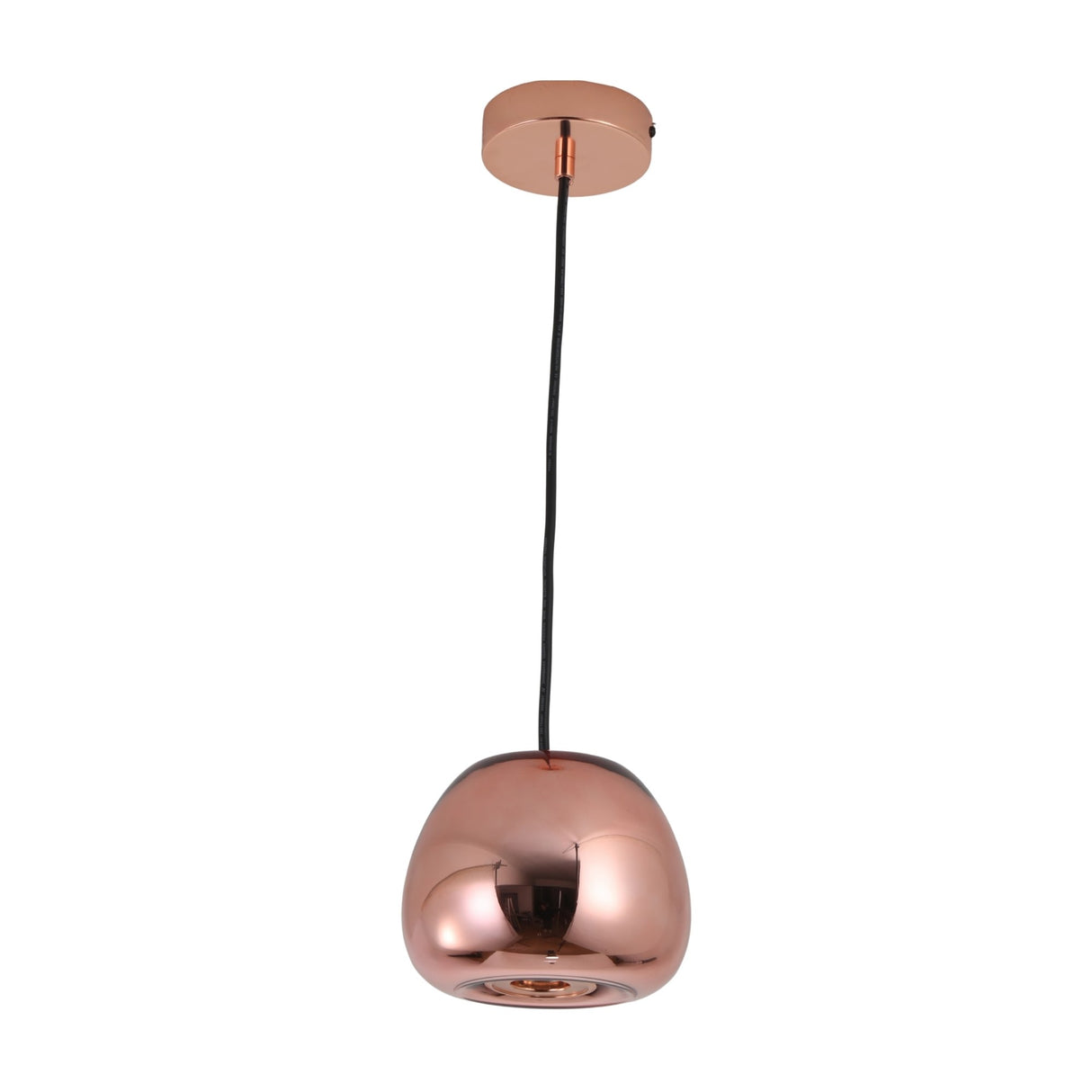 The Gulf Mini Glass Pendant Light - Copper features a sleek, rounded shade with a shiny copper finish and hangs from a black cord with a matching ceiling mount—ideal for adding modern style to any interior space.