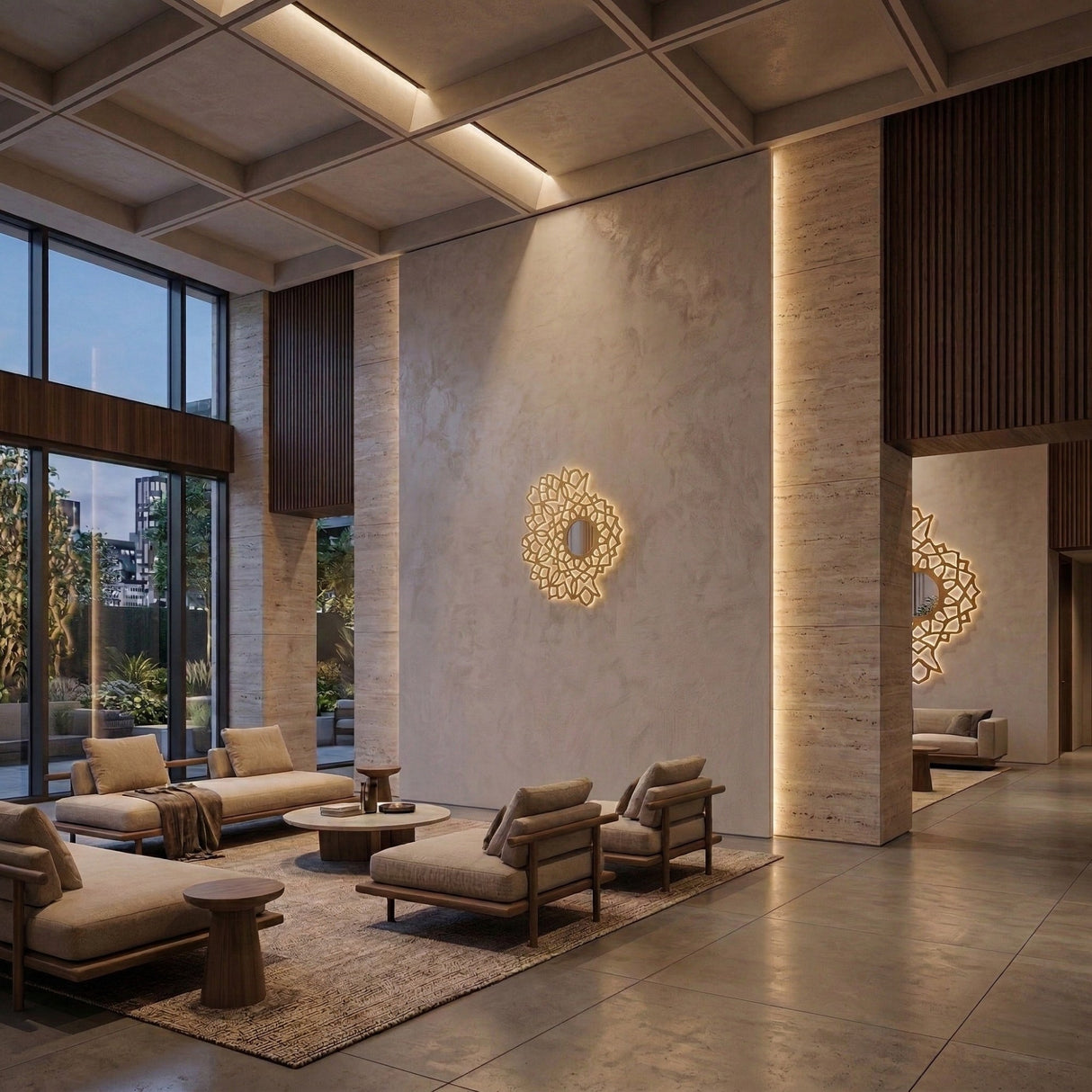 A modern lobby with large windows, neutral armchairs and sofas around low tables, a beige rug, and Notredame LED Small Wall Lights in gold casting geometric patterns on the light textured walls.