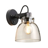 Camden Wall Light in black and chrome with knurled detail, braided cable arm, smoked glass dome shade and visible bulb, shown on a plain white background.