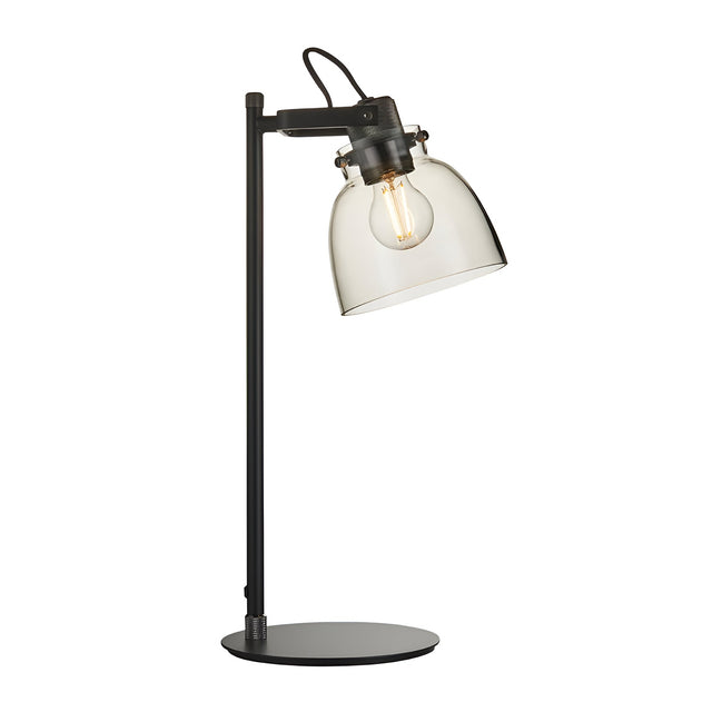 Endon Camden industrial task table lamp in matt black with knurled details, adjustable head and smoked grey tinted glass shade, on a plain background.