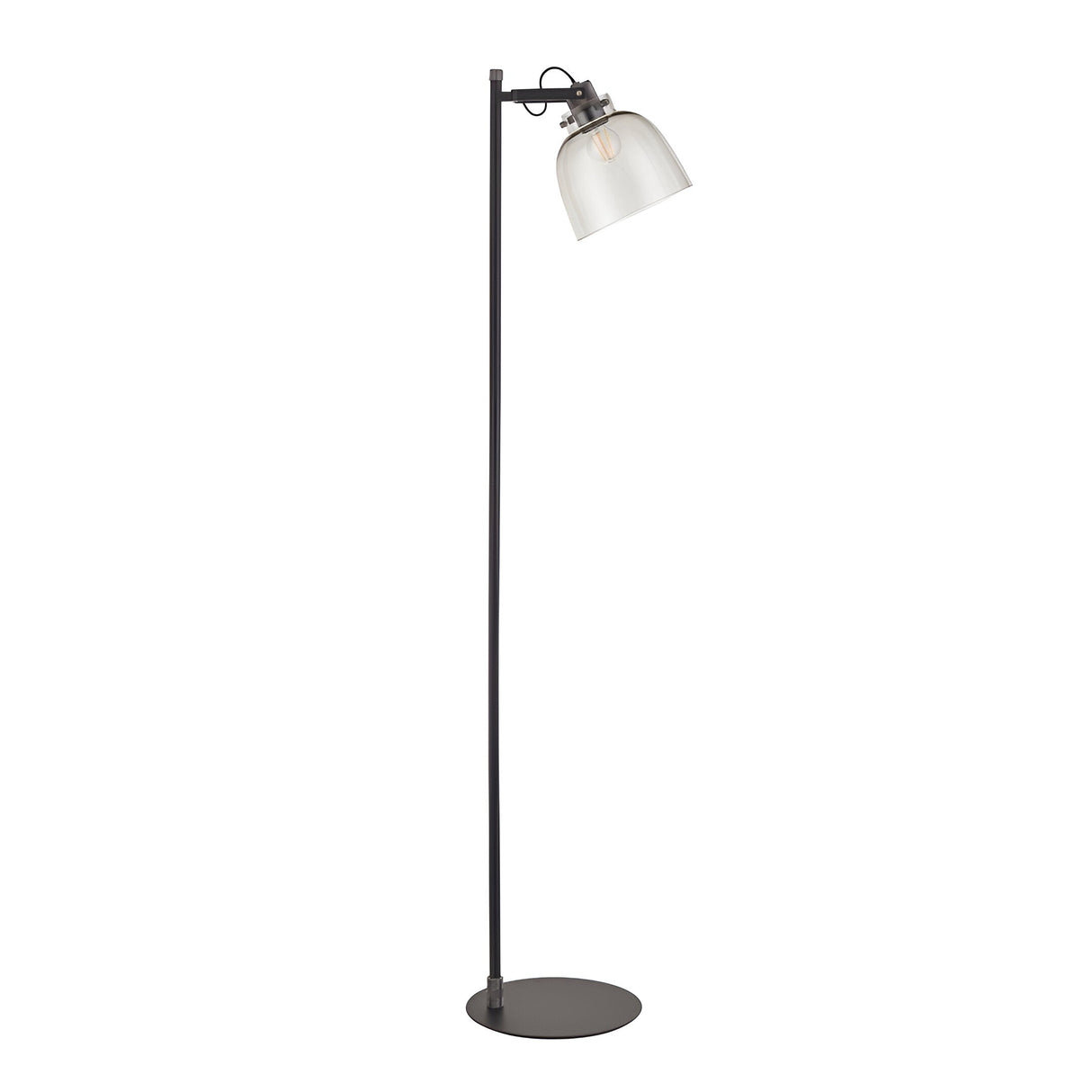Endon Camden Task Floor Lamp in matt black with adjustable head, smoked glass shade, filament bulb and round base, shown on a white background.