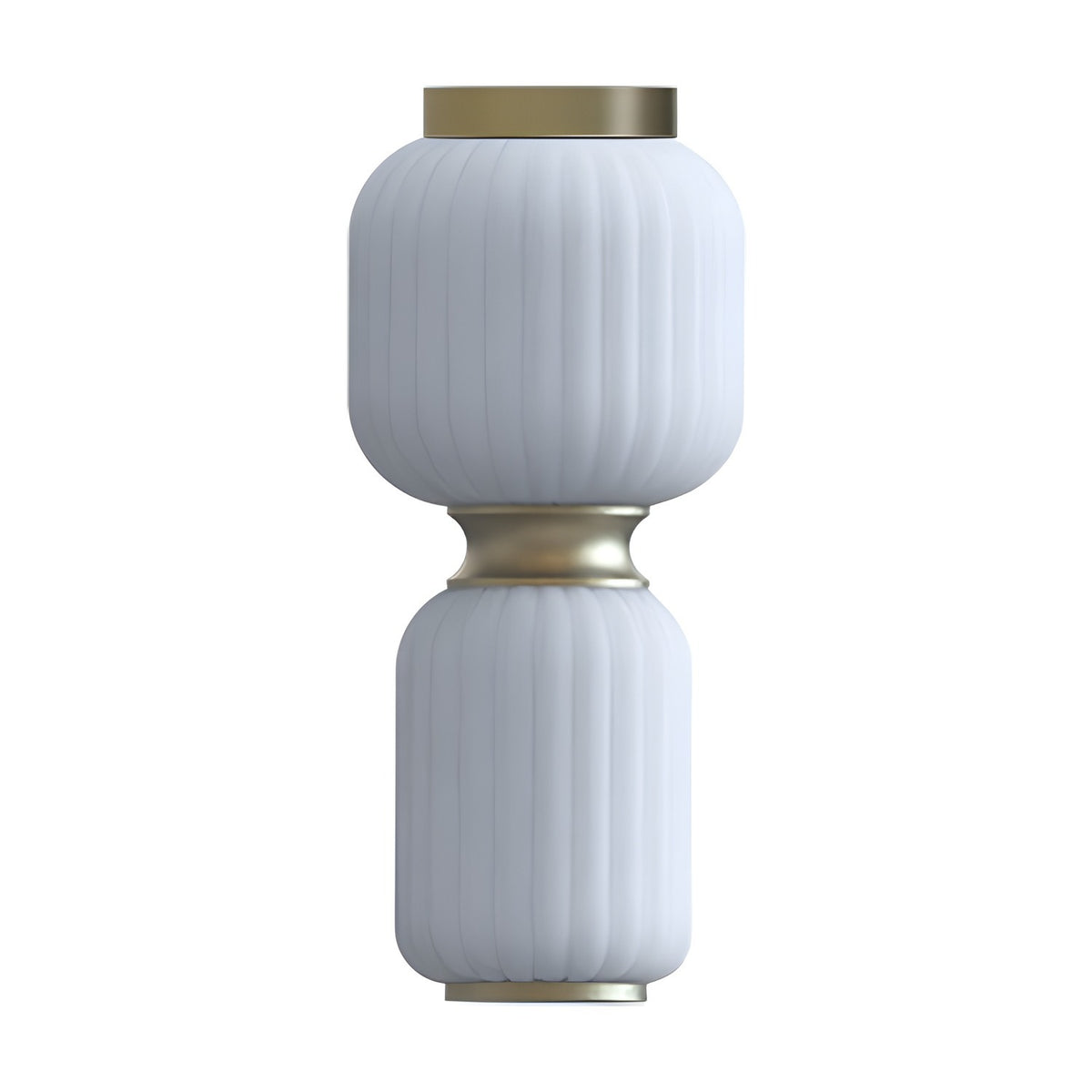 Whiteberry Echo LED ribbed glass flush ceiling light in white and gold, with two lantern-like sections pinched by a gold collar and gold rings at top and base.