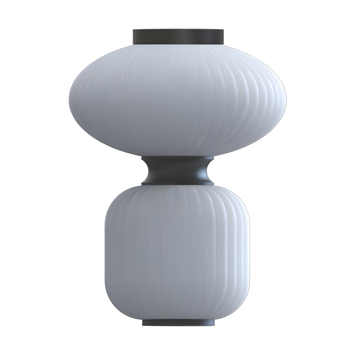 Whiteberry Glow LED Ribbed Glass Flush Ceiling Light with two tiered white glass forms joined by a matt black waisted collar, canopy and base ring, on a plain white background.