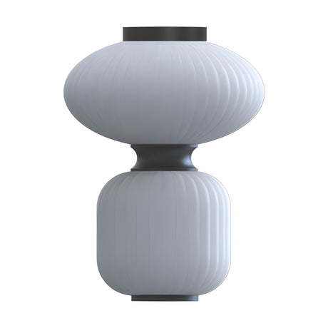 Whiteberry Glow LED Ribbed Glass Flush Ceiling Light with two tiered white glass forms joined by a matt black waisted collar, canopy and base ring, on a plain white background.