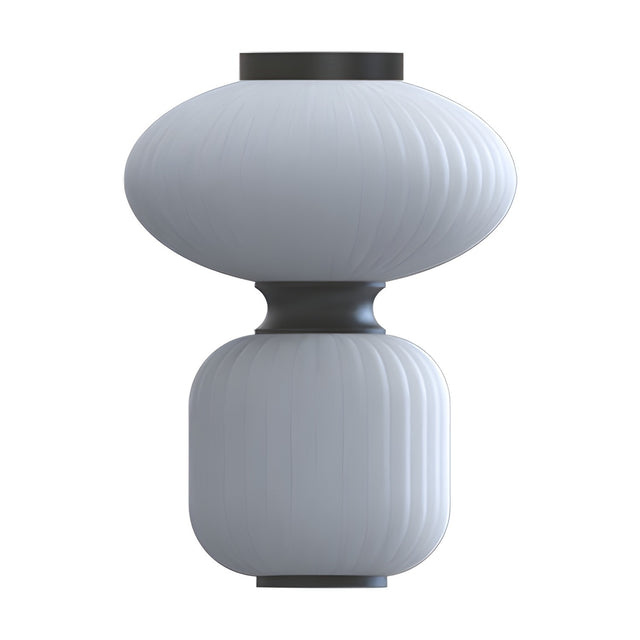 Whiteberry Glow LED Ribbed Glass Flush Ceiling Light with two tiered white glass forms joined by a matt black waisted collar, canopy and base ring, on a plain white background.