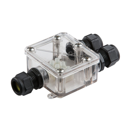 The IP68 16A Weatherproof Junction Box is a transparent rectangular electrical junction box equipped with four black cable glands, two on each side, ensuring weatherproof connections. Its clear lid is fastened with screws, showcasing white components inside and guaranteeing reliable outdoor use.