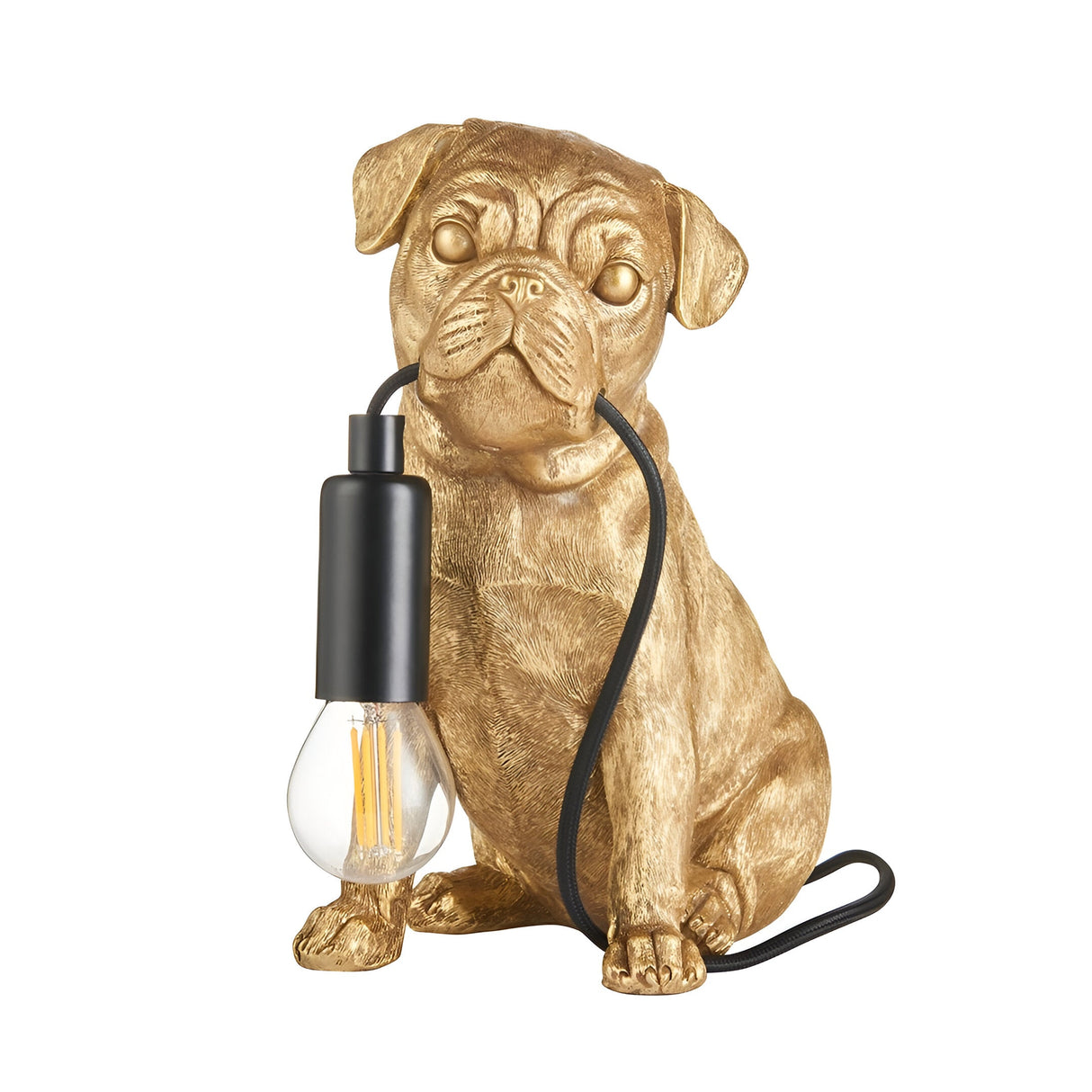 Endon Charthurst table lamp shaped as a gold resin pug figure holding a black E14 lamp holder with exposed filament bulb, on a white background.