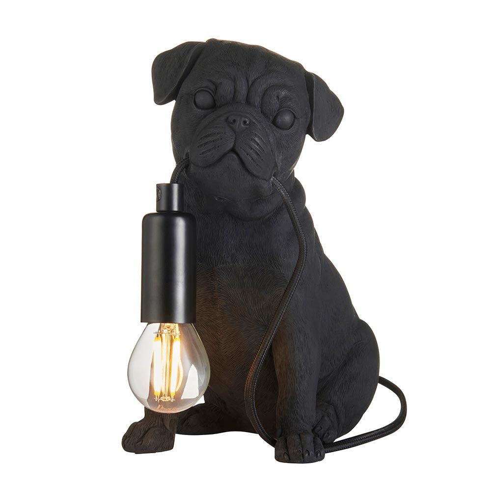 Endon Charthurst table lamp shaped as a matt black resin pug figure with an E14 filament bulb holder at its chest, on a plain white background.