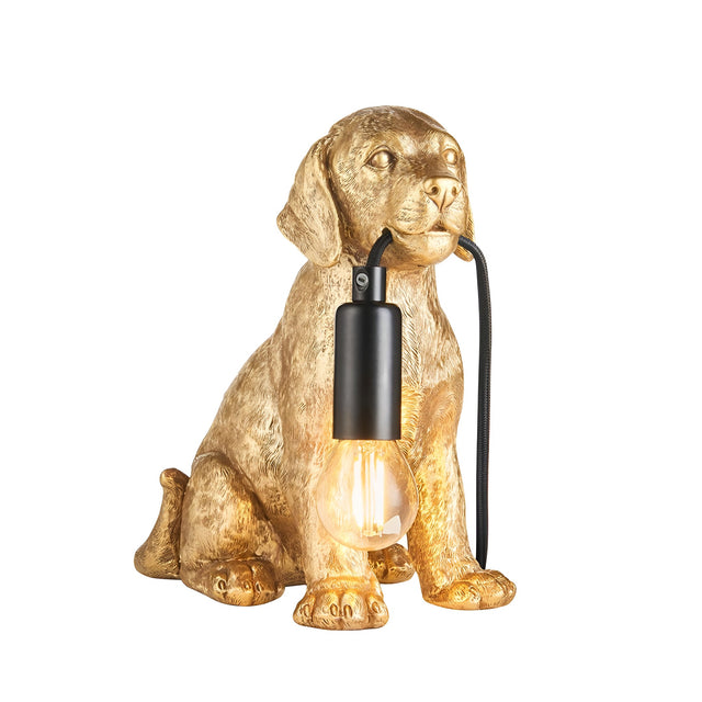 Brockworth Table Lamp in gold resin Labrador puppy design, holding a black cable-fitted E14 filament bulb in its mouth, on a white background.