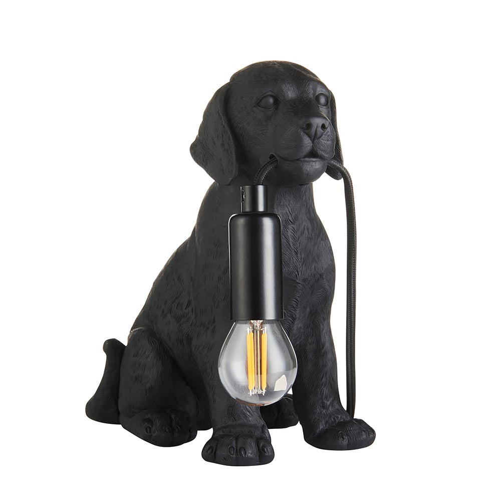 Endon Brockworth matt black resin Labrador puppy table lamp with E14 holder and visible filament bulb, on a plain white background.