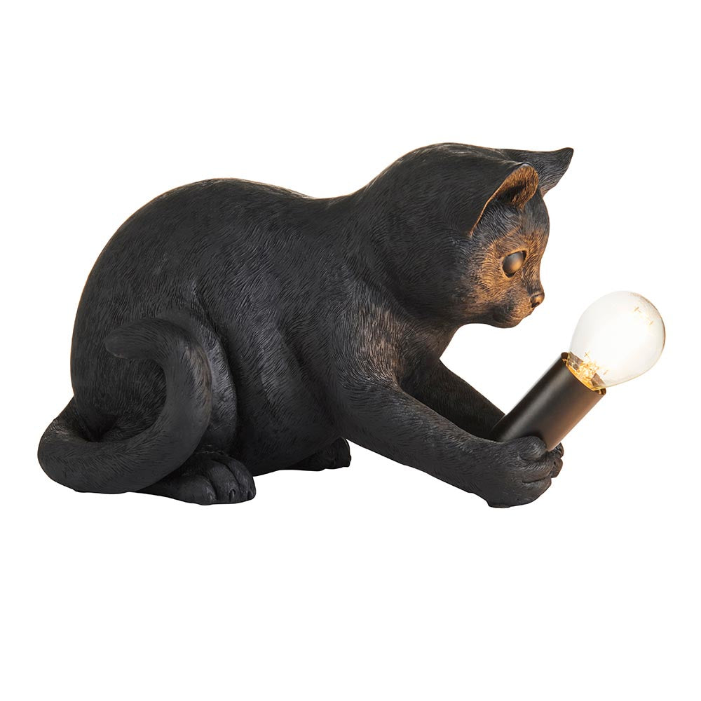 Endon Brockwick table lamp shaped as a matt black resin kitten holding an E14 filament bulb in its paws, shown on a plain white background.