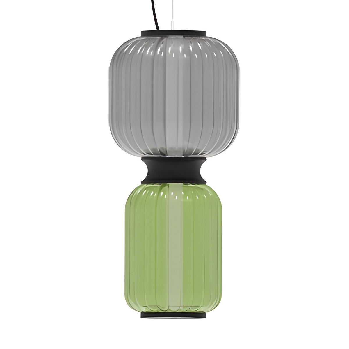 Greenberry LED Ribbed Glass Pendant Light featuring a wider grey upper section and slimmer green lower section, joined by a black collar, on a black ceiling canopy against a plain white background.