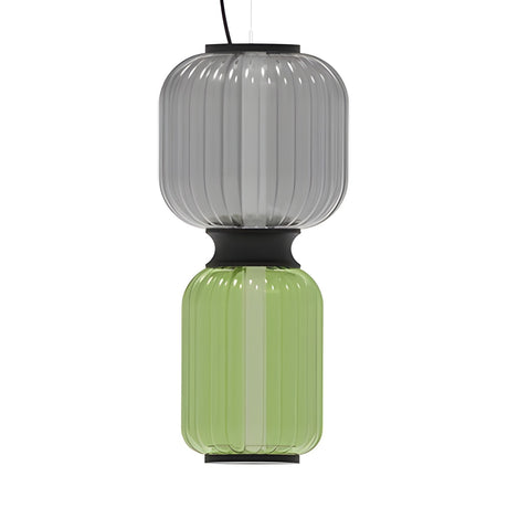 Greenberry LED Ribbed Glass Pendant Light featuring a wider grey upper section and slimmer green lower section, joined by a black collar, on a black ceiling canopy against a plain white background.