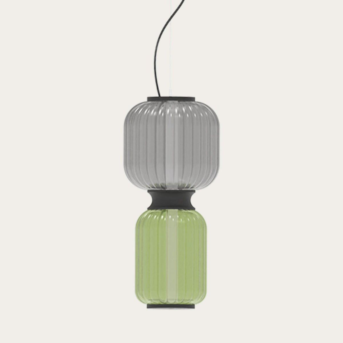 Greenberry LED Ribbed Glass Pendant Light featuring stacked grey and green blown-glass sections with a black collar and bands, hung on a black cable against a plain light background.