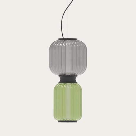 Greenberry LED Ribbed Glass Pendant Light featuring stacked grey and green blown-glass sections with a black collar and bands, hung on a black cable against a plain light background.
