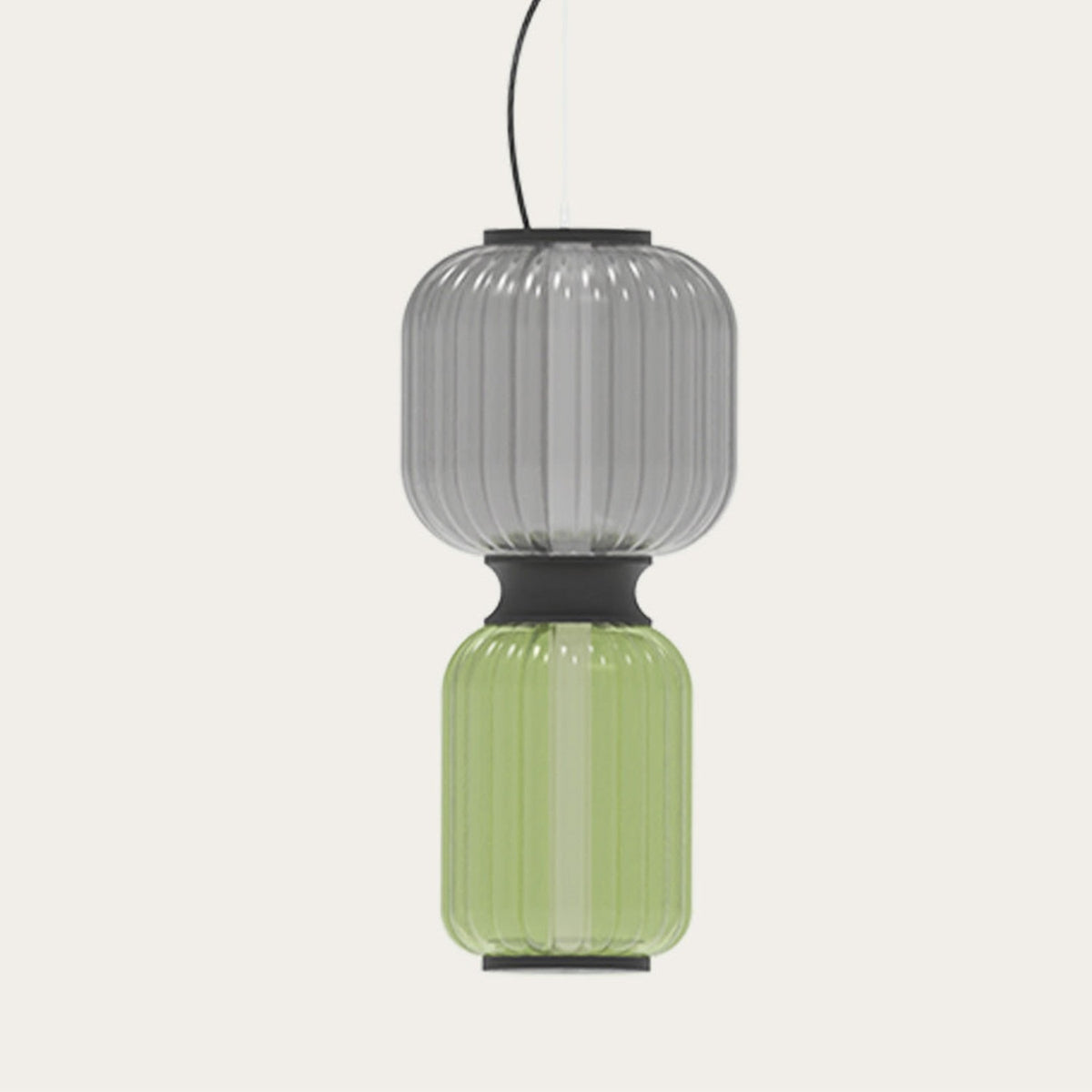 Greenberry LED ribbed glass pendant light with a grey upper section over a green lower section, joined by a black collar, on a black cable against a plain background.